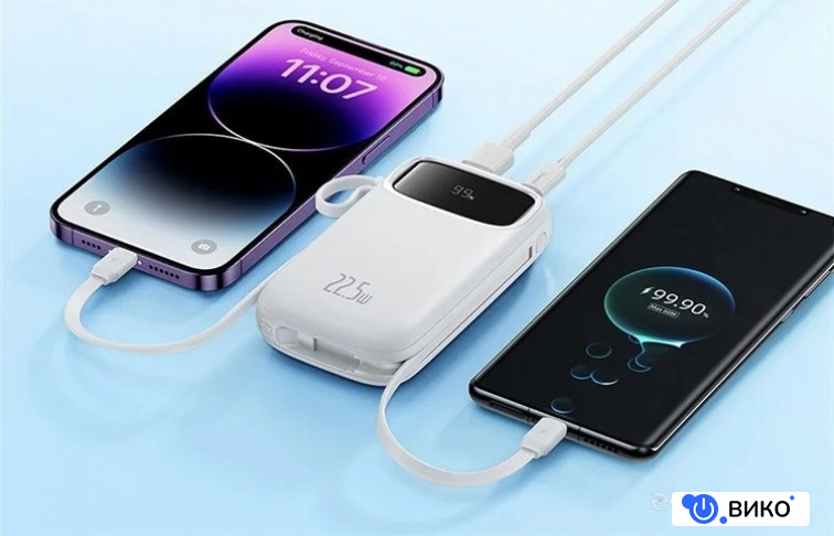Qpow2 Dual-Cable Digital Display Fast Charge Power Bank 22.5W 10000mAh (белый), фото 6