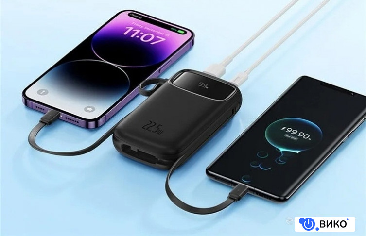 Qpow2 Dual-Cable Digital Display Fast Charge Power Bank 22.5W 10000mAh (черный), фото 7
